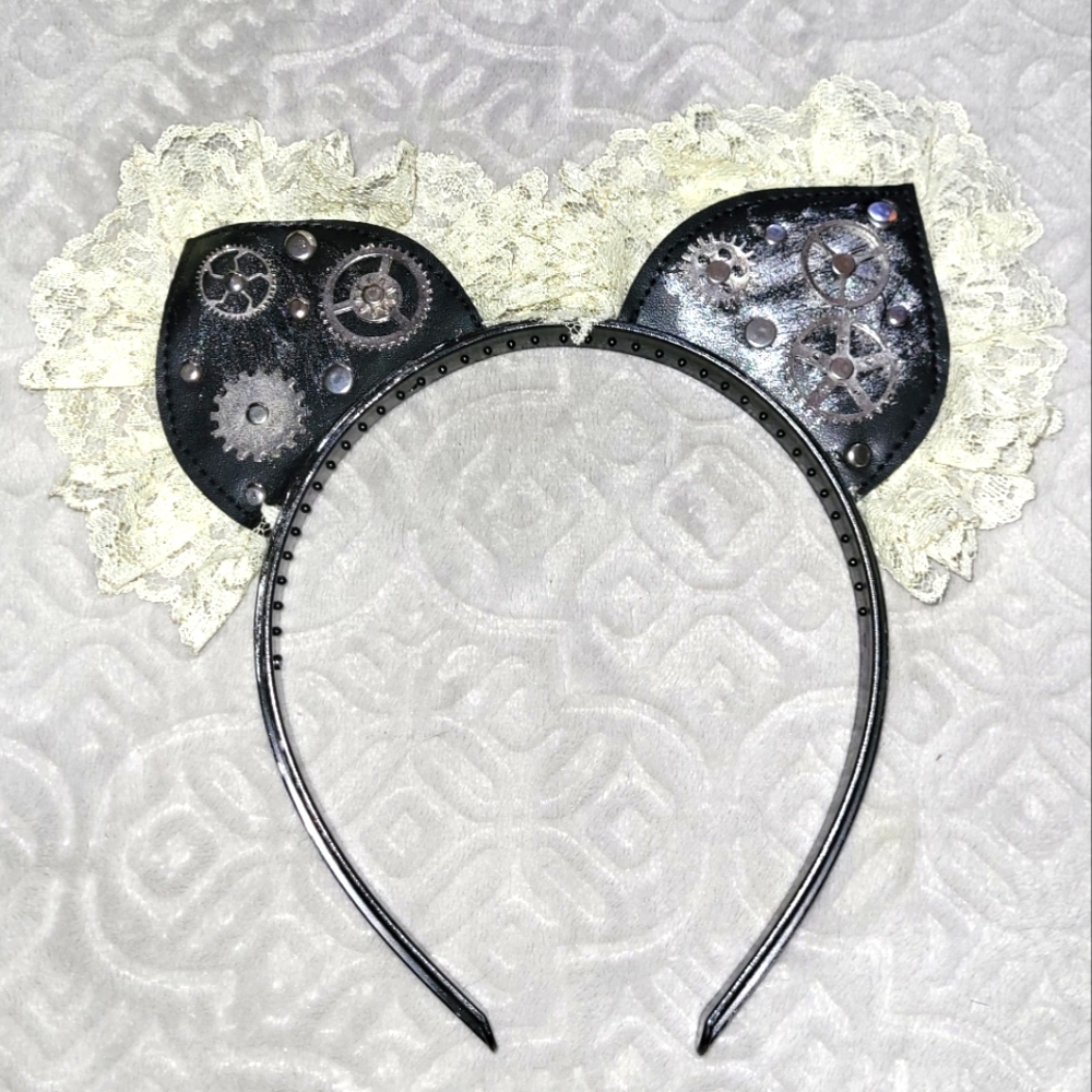 STEAMPUNK Black, Silver & Lace Cat Ears Headband